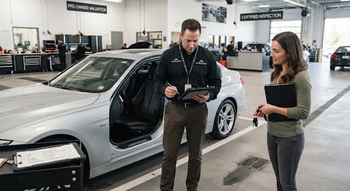 A buyer and a seller comparing notes beside a car at a dealership