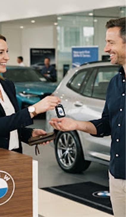 One person handing car keys to another across a desk